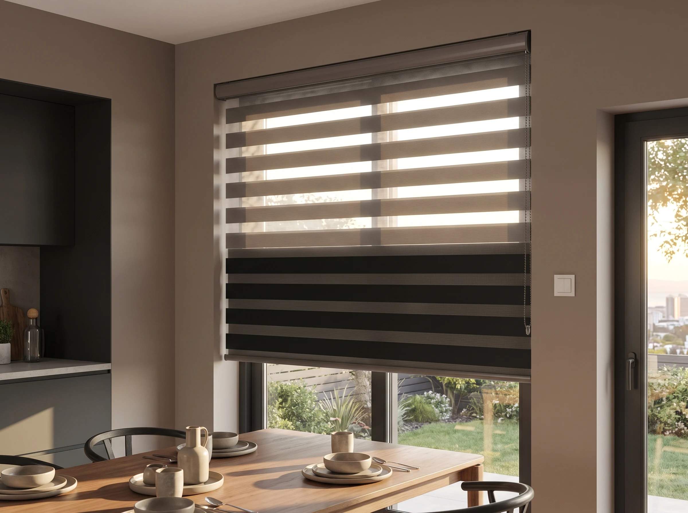 Day and night zebra blind with alternating sheer and solid bands over a dining window in a Sunningdale home
