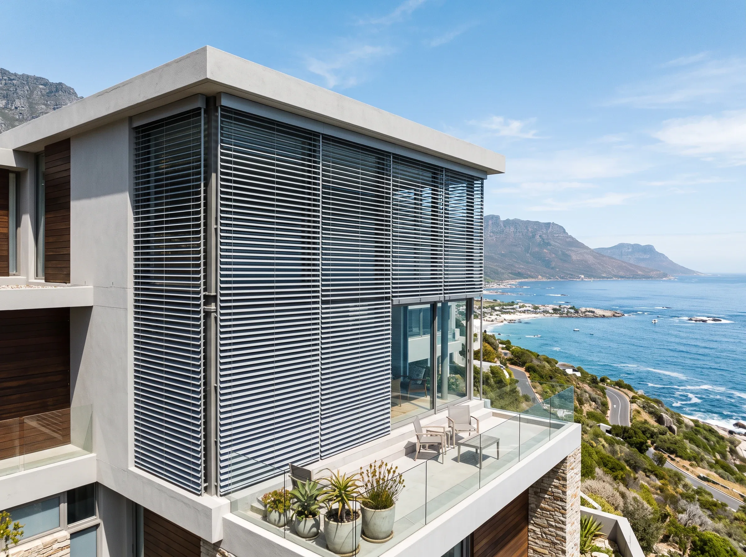 External aluminium venetian blinds shading a glazed wall on a Sunningdale-area coastal house facade