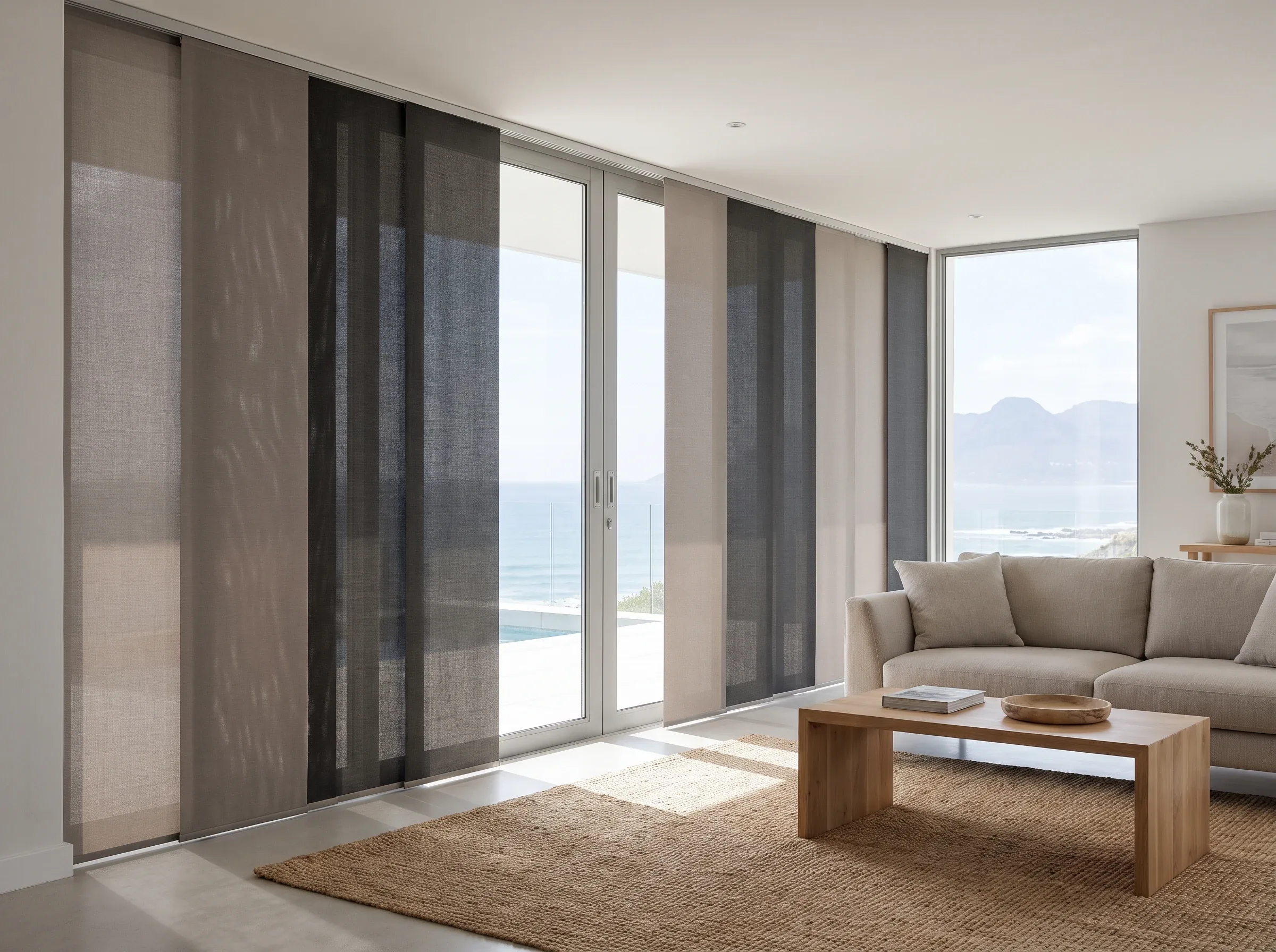 Wide fabric panel blinds sliding across an oversized glass door in a Sunningdale home with sea views