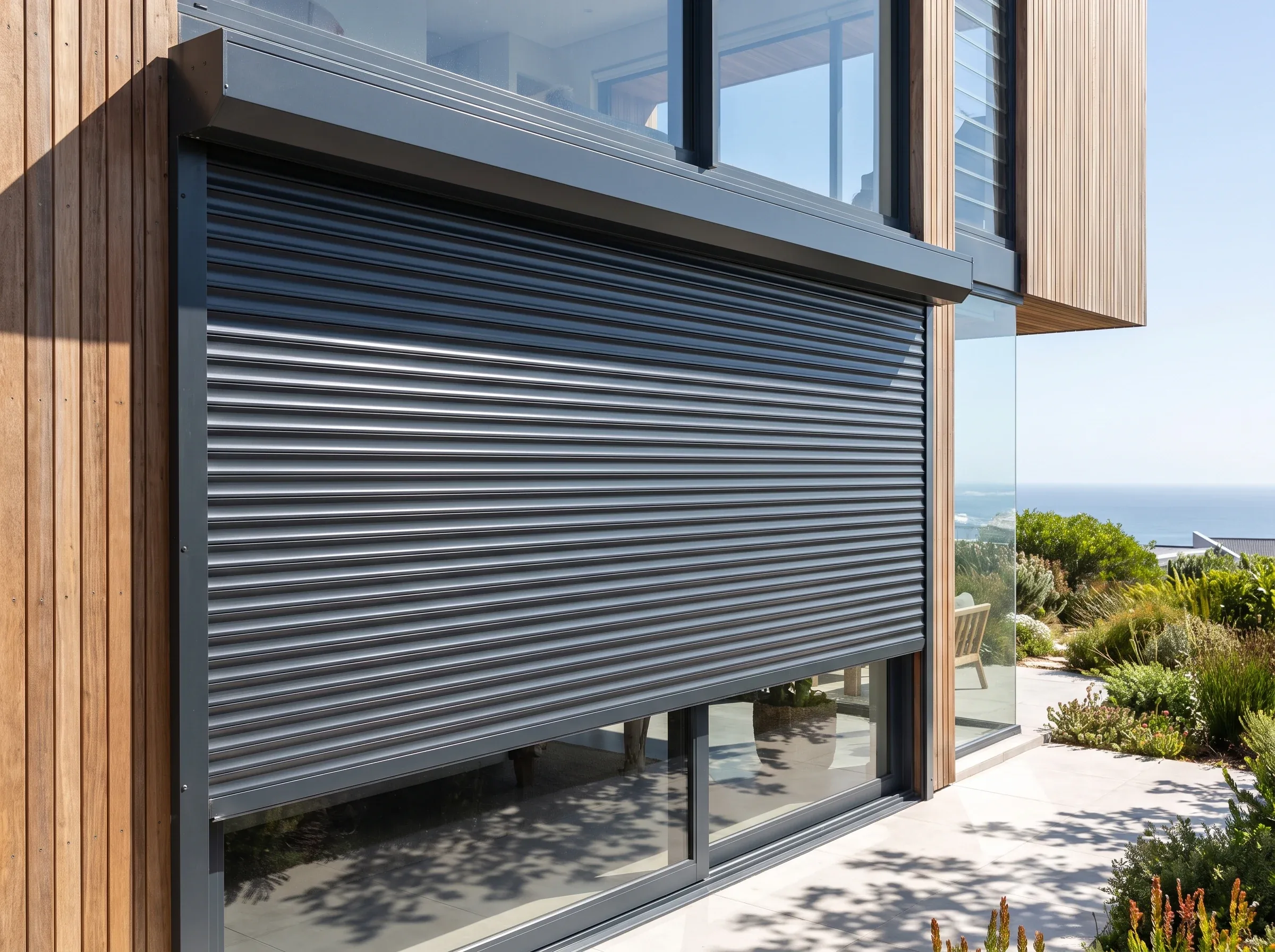 Aluminium roller shutter lowered over a sliding door for sun control on a Sunningdale-area coastal house