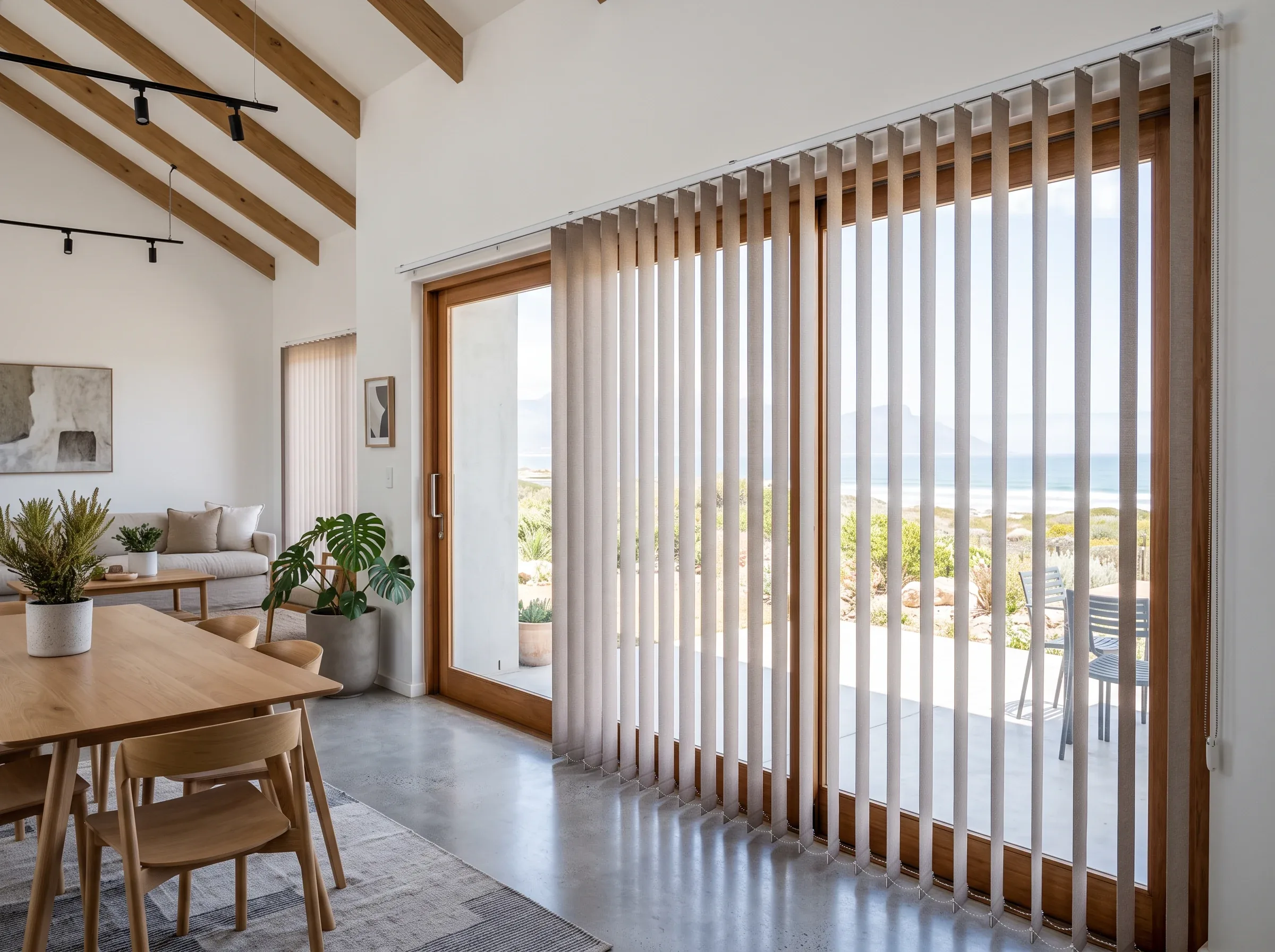 Vertical fabric blinds hanging beside a wide stacking sliding door in a Sunningdale open-plan living area